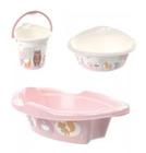 Kit Banho Do Bebe Balde, bacia E Banheira Bichinhos Rosa Petit Plasutil