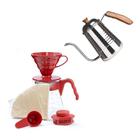 Kit Barista Profissional Cafeteira Hario V60, Vermelha + Chaleira Inox Original Pescoço de Ganso + 40 Filtros