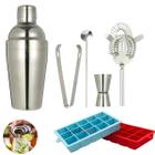 Kit Barman 5 Peças em Inox + Forma para Gelo com 15 Cubos Drinks Balada Festa - Uny Gift