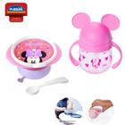 Kit Bebe 3 Peças Minnie Rosa Prato Com Tampa e Ventosa 240ml Colher Caneca Com Alça e canudo 350ml Plasutil