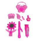 Kit Beleza Fashion Infantil 8 Peças Rosa Menina Princesa Acessórios Divertidos Para Crianças Brincar E Se Embelezar Bolsa Espelho Chapinha