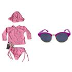 Kit Blusa Fator Protecao Rosa + Calcinha + Chapeu + Oculos