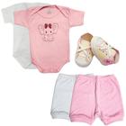 Kit Body Bebê 100% Algodão 5 Pças Short e Sapatinho Feminino