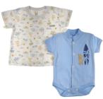 Kit body curto bebê azul bordado surf e camiseta estampado coqueiros