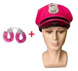 Kit Boina Chapéu Quepe Policial Rosa Pink +Algemas Fantasia