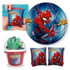 Kit Bola 34 Cm + Boia de Braco Homem Aranha + Baldinho de Praia com 8 Pecas em Cores Sortidas