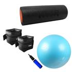 Kit Bola Suica 65cm + Bomba + Rolo Pilates Medio + Par de Caneleiras 2kg