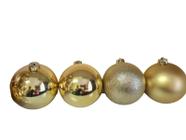 Kit Bolas De Natal Douradas desenhadas brilhosas de 12cm-4un