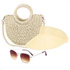 Kit Bolsa de Palha Feminina + Viseira Solar e Óculos de Sol Verão Piscina Moda Praia