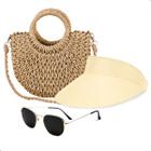 Kit Bolsa de Palha Feminina + Viseira Solar e Óculos de Sol Verão Piscina Moda Praia