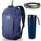 Kit Bolsa para Caminhada Azul Ntk Ioio + Lanterna de Cabeca com Sensor + Copo Aco Inox Antiqueda Azul