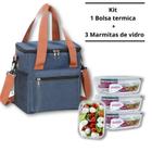 Kit Bolsa Termica Azul Alça e Ziper Resistente com 3 Marmita de Vidro 640 ML Hermetica