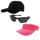 Kit Bone Preto E Viseira Rosa Neon Liso + 1 Oculos De Sol