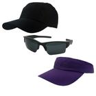 Kit Bone Preto E Viseira Roxo Liso + 1 Oculos De Sol