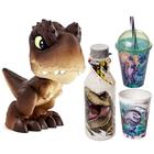 Kit Boneco Dinossauro T-Rex Marrom Jurassic World + Copos e Garrafa - Pupee