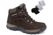 Kit Bota Adventure Masculina Couro Trilha Trabalho + 3 Pares Meia Cano Longo