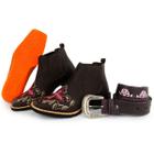 Kit Bota Botina Country Feminina Bordado Texas Gold Couro Café com Cinto