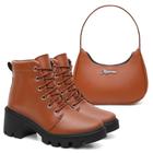 Kit Bota Coturno Casual Cadarço Feminino Sola Tratorada e Bolsa de Ombro Elegante