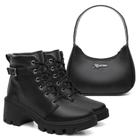 Kit Bota Coturno Feminino Cadarço Fivela Sola Tratorada e Bolsa de Ombro Moderno