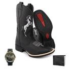 Kit Bota Country Texana Masculina Bico Quadrado Texas Gold Horse Preto ccom Relogio e Carteira