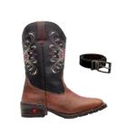 Kit Bota Texana Country Infantil Texas Gold de Couro com Cinto Dupla Face Flora