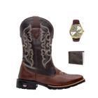 Kit Bota Texana Country Masculina Texas Gold Cruzeta de Couro com Relógio e Carteira