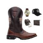 Kit Bota Texana Country Masculina Texas Gold EUA Couro com Carteira Cinto Boné e Relógio