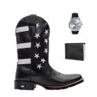 Kit Bota Texana Country Masculina Texas Gold EUA Preto Couro com Carteira e Relógio