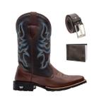 Kit Bota Texana Country Masculina Texas Gold Tribal de Couro com Carteira e Cinto