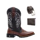 Kit Bota Texana Masculina Bico Quadrado Couro Texas Gold Delegada Café com Carteira e Cinto