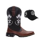 Kit Bota Texana Masculina Bico Quadrado Couro Texas Gold Peão Café com Boné Trucker Aba Curva