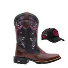 Kit Bota Texana Western Feminina Bico Quadrado Texas Gold Cara de Boi Café com Boné Trucker