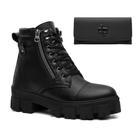 Kit Bota Tratorada Com Ziper Lateral Cano Baixo Feminina Preto Sola Alta Blogueira Moda + Carteira