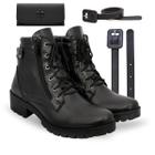 Kit Bota Tratorada Feminina Preta Coturno Casual Zíper Lateral Cano Curto Moda + Cinto + Carteira