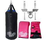 kit boxe Saco de Pancada Cheio 60 cm + suporte teto saco pancada + par de luvas bate saco rosa