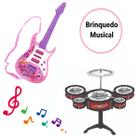 Kit Brinquedo Banda Infantil Bateria e Guitarra Rosa Menina