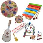 Kit Brinquedo Pedagógico Educativo Em Madeira Relógio + Aramado M + Xilofone + Violão