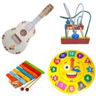 Kit Brinquedo Pedagógico Educativo Em Madeira Relógio + Aramado M + Xilofone + Violão - RafaBox