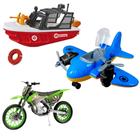 Kit Brinquedos Avião articulado Lancha que Flutua e Moto Realista