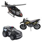 Kit Brinquedos Carro de Polícia + Moto + Helicóptero Preto