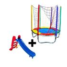 Kit Brinquedos Playground Cama Elástica Pequena Pula Pula Trampolim 1,40m + Escorregador Infantil Médio 3 Degraus