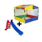 Kit Brinquedos Playground Piscina de Bolinhas Quadrada 1,50m + Escorregador Infantil Médio 3 Degraus