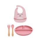 Kit Buba - Pratinho e Talheres Silicone + babador Gumy Rosa