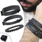 Kit C/03 Pulseiras de Couro Masculina Fé Força Coragem Brilho All Black