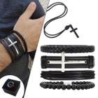 KIT C/04 Pulseiras de Couro Masculina Cruz Niquel + Colar Crucifixo All Black Ajustável