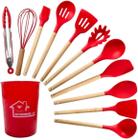 Kit C/12 Peças Utensílios De Cozinha Colheres Espatula Silicone Cabo Madeira Decoração