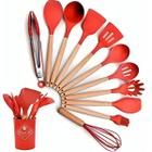 Kit C/12 Utensílios De Cozinha Silicone Cabo Madeira Premium