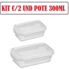 Kit c/2 pote 300 ml c/4 travas laterais baixo transparente container marmita armazenar alimentos bolachas doces
