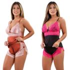 Kit c/ 2 Short Doll Pijama Curto Adulto Feminino Renda Luxo Baby Doll