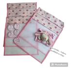 Kit c/ 5 Saquinhos Maternidade em Tule com zíper e viés Diversas Estampas e Tags Bordados + Naninha com Pelucia
